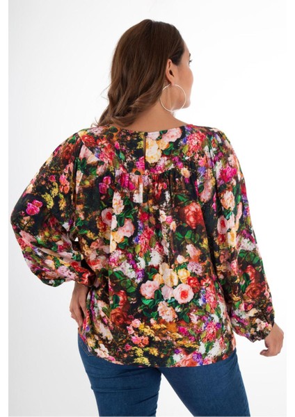 Kadın Büyük Beden Önü Drapeli Renkli Bluz Çok Renkli Renkli