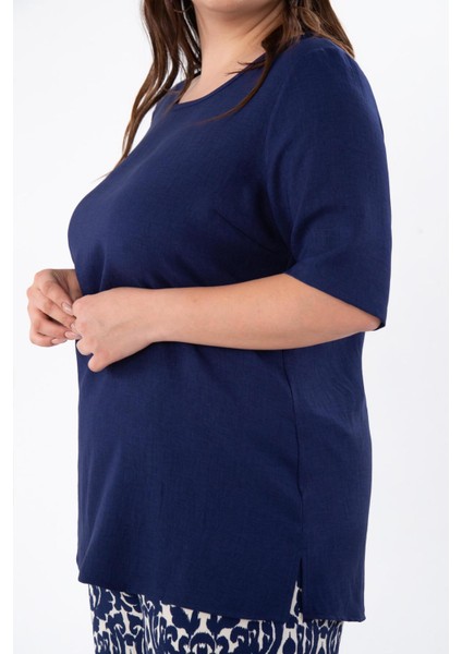 Kadın 333931 Keten Yanı Yırtmaçlı Bluz Lacivert modelleri