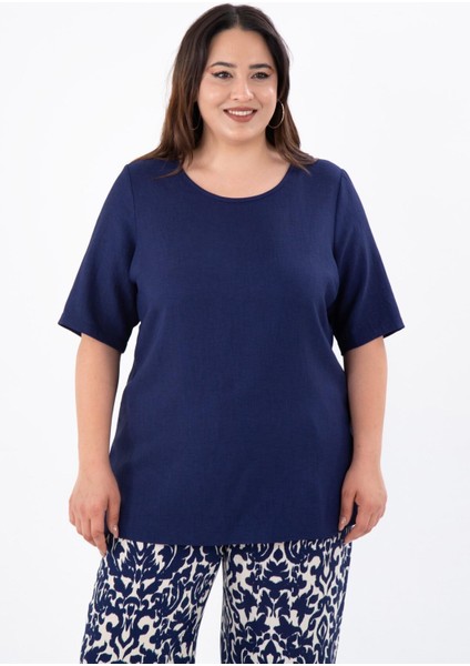 Kadın 333931 Keten Yanı Yırtmaçlı Bluz Lacivert fırsatları