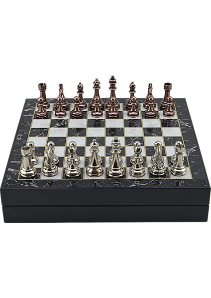Büyük Boy Metal Klasik Satranç Tk. ve Mermer Desenli Sandıklı Mdf TAHTASI(36X36 Cm.)