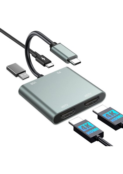 Lbsc USB C - Çift HDMI Adaptörü - 4K@30Hz Çift Monitör HDMI Adaptörü, 100W Pd Şarj, Usb3.0 5gbps ve Thunderbolt 3 Dizüstü Bilgisayar/tablet Için Uyumlu