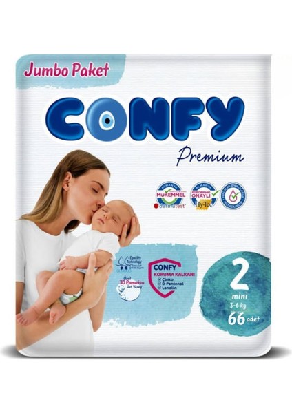 Confy Premium Mini Bebek Bezi 2 Numara | 3-6 kg | 66 Adet | Ekonomik Paket