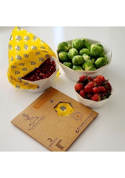 Apithecary Balmumu Gıda Sargısı - Arı Desenli - Balmumlu (Büyük Orta Küçük Boy) 3'lü Set Çok Amaçlı Gıda Saklama Bezi (S-M-L)