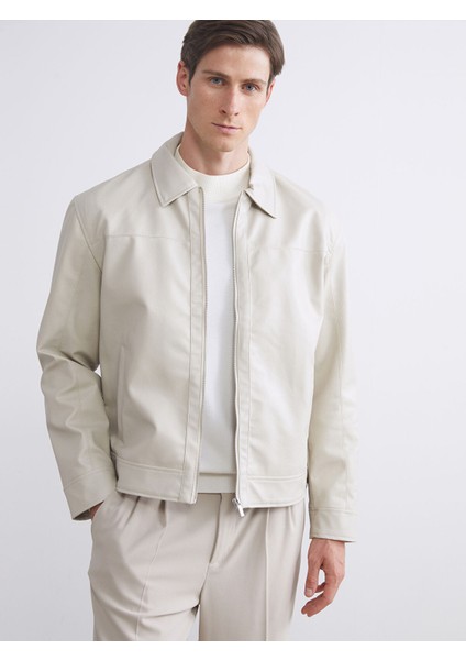 Yeni Sezon Standart Kalıp Gömlek Yaka Erkek Deri Görünümlü Ceket