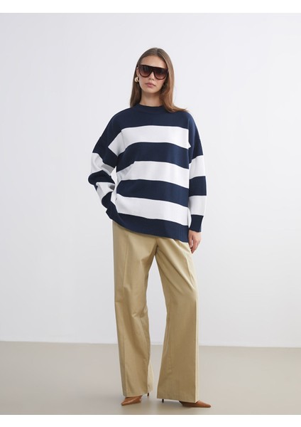 Yeni Sezon Bisiklet Yaka Çizgili Oversize Kadın Triko Kazak fiyatları