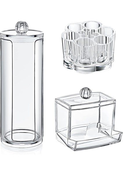 3'lü Makyaj Kozmetik Organizeri Set, Pamukluk, Kulak Çubuğu Düzenleyici, Ruj Oje Makyaj Düzenleyici Şeffaf