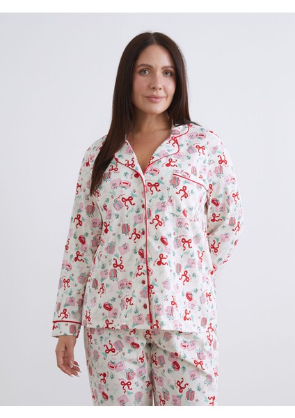 Yeni Sezon Gömlek Yaka Yılbaşı Temalı Kadın Pijama Takımı