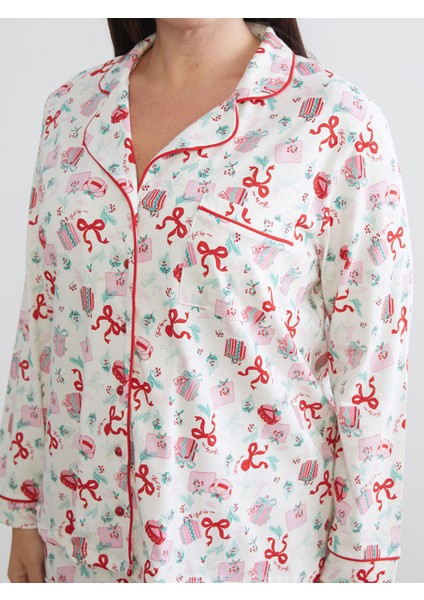 Yeni Sezon Gömlek Yaka Yılbaşı Temalı Kadın Pijama Takımı modelleri