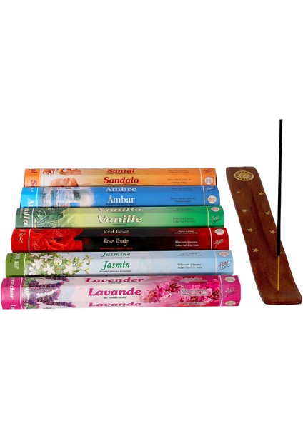 Çubuk Tütsü Seti, 6'lı Set 6X20 (120 Çubuk), Ahşap Tütsü Kayığı, Tütsülük, Vanilya,, Lavanta, Kırmızı Gül, Yasemin, Sandal