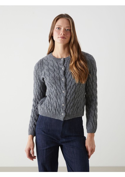 Yeni Sezon Bisiklet Yaka Kendinden Desenli Kadın Triko Hırka