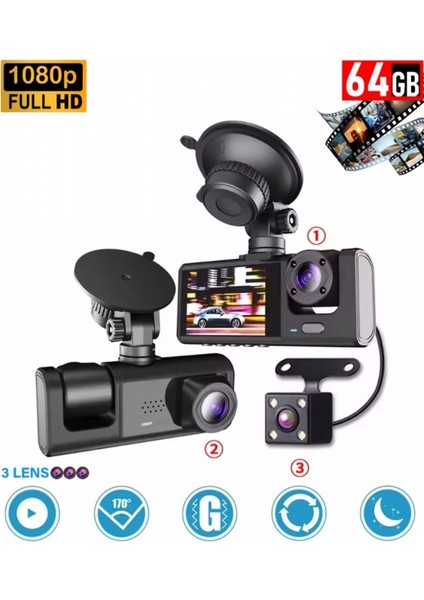 64GB Araç Içi Kamera 3 Kameralı (Yol + Araç Içi+ Arka) Fhd Video Kayıt Mikrofonlu Türkçe Cc-33