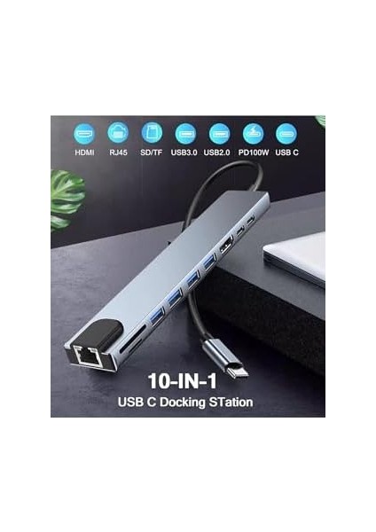 10-In-1 USB C Çoklayıcı, Hdmı, Ethernet, Sd/tf Kart, USB 3.0/2.0 Bağlantı Noktaları, 100W Pd Şarj, Gümüş modelleri