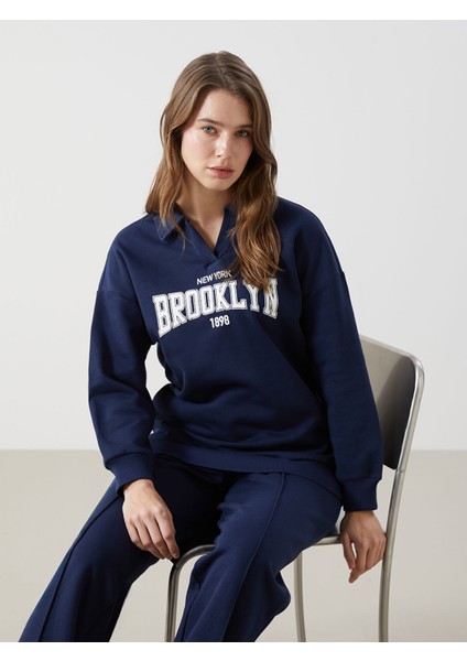 Yeni Sezon Polo Yaka Baskılı Kadın Kalın Sweatshirt Tunik