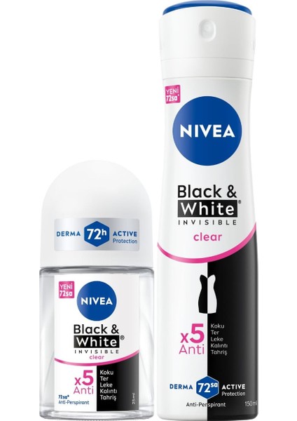 Nıvea Kadın Sprey Deodorant Black&white Clear 150ML ve Mini Roll-On 25ML, 72 Saat Anti-Perspirant Koruma fiyatları