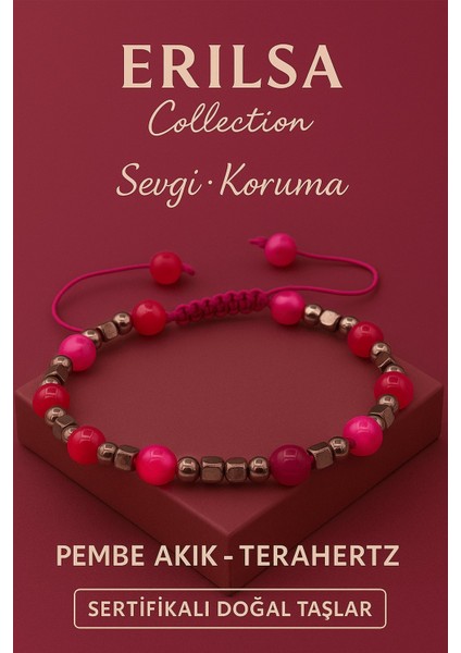 Sertifikalı Terahertz Pembe Akik Taşı Bileklik – Sevgi Koruma ve Pozitif Enerji Doğal Taş