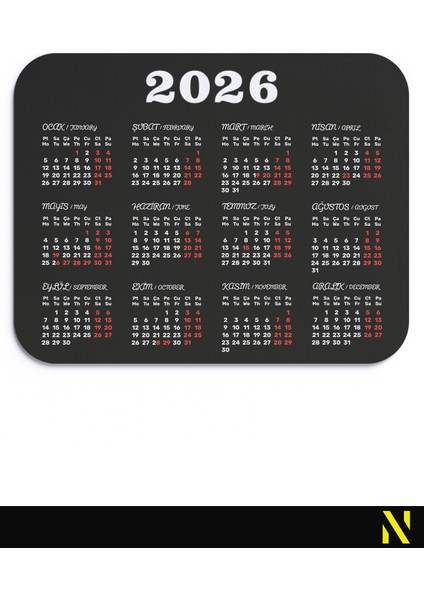 2026 Takvimli Siyah Renkli Ergonomik Mouse Pad - 23 cm X19 cm - Kaydırmaz Taban Ev ve Ofis Kullanımı Için Ideal Fare Altlığı Mousepad