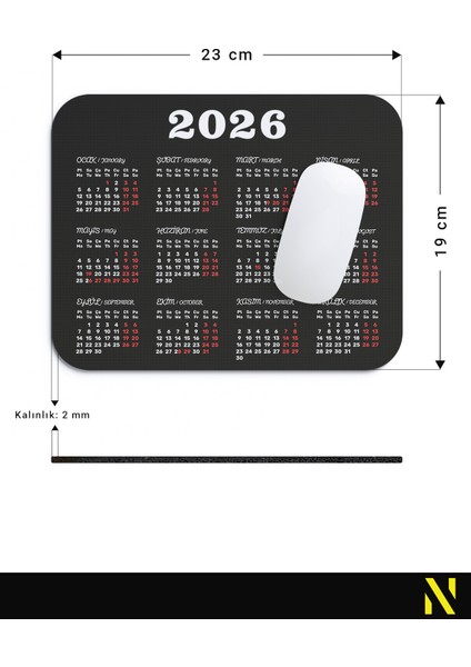 2026 Takvimli Siyah Renkli Ergonomik Mouse Pad - 23 cm X19 cm - Kaydırmaz Taban Ev ve Ofis Kullanımı Için Ideal Fare Altlığı Mousepad
