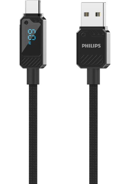 DLC5011A Usb-A - Type-C Şarj Kablosu, 60W, Hızlı Şarj, 6A Yüksek Akım, 1 Metre, Naylon Örgülü, Dijital Göstergeli (Siyah)