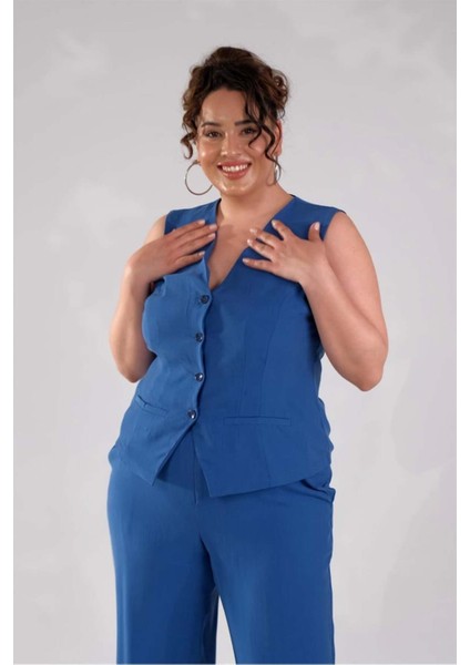 Kadın Büyük Beden Düğmeli Lacivert Yelek fiyatları
