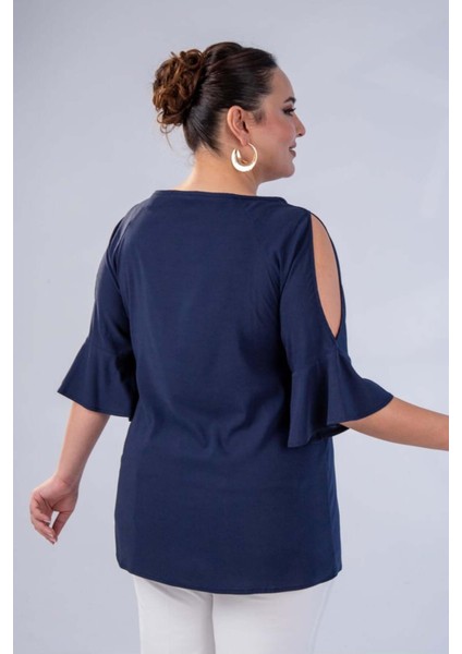 Kadın Büyük Beden Kolu Volanlı Lacivert Bluz modelleri