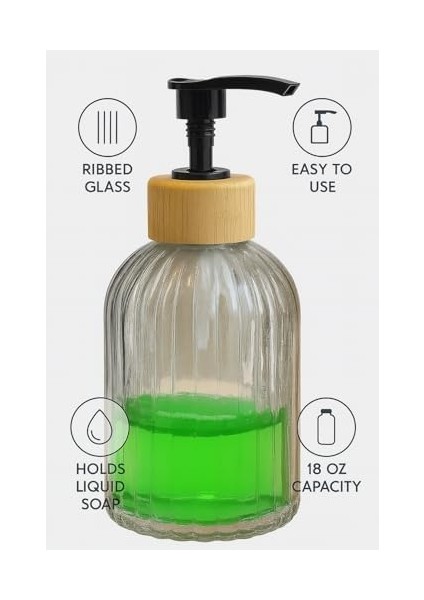 Cam Sıvı Sabunluk – Bambu Başlıklı | Şeffaf Cam Gövde |, Mutfak ve Lavabo Üstü Kullanım Için Modern Pompalı Sabun Dispenseri 300 ml modelleri