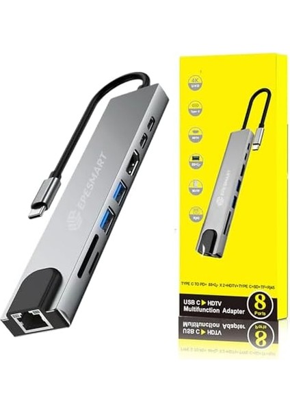 Epesmart 8 Portları 1 Arada USB C Hub Adaptörü, 4K Hdmı, Şarj Cihazı, USB C Bağlantı Noktaları, Sd/micro Sd Kart Okuyucular, Ethernet Bağlantı Noktası, M1 ve M2 Mac Bilgisayarlar Için, Thunderbolt 3 modelleri