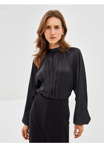 Yeni Sezon Dik Yaka Oversize Saten Kadın Bluz