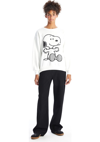Yeni Sezon Bisiklet Yaka Snoopy Baskılı Oversize Kadın Kalın Sweatshirt fiyatları