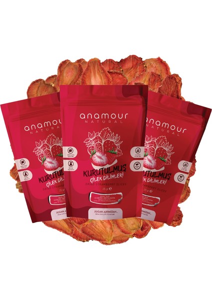 Anamour Natural Çilek Kurusu Cips Çilek Kurutulmuş (Şeker Ilavesiz) 3'lü Paket Kuru Meyve Kıtırı 75 Gram