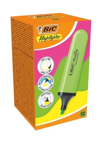 Marking Flat Higlighter Fosforlu 12'li Kutu, Yeşil Fosforlu, Su Bazlı, Hızlı Kuruyan Mürekkep modelleri