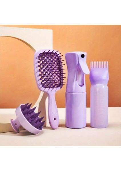 4 In 1 Saç Bakım Sprey Şişesi+Saç Bakım Yağı Uygulama Şişesi+Masaj Tarağı+Saç Açıcı Hollow Tarak Set (Mor) fiyatları