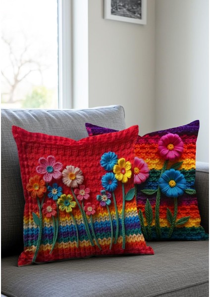 Nakış Desen Baskılı Premium Kadife Çiçek Desenli Baskılı Kırlent Kılıfı, 2'li Set, Mor-Pembe Ilkbahar Temalı, Fermuarlı