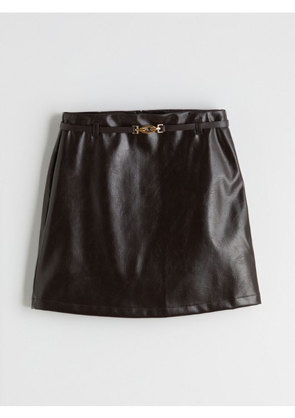 Yeni Sezon Beli Kemerli Deri Görünümlü Mini Etek indirimleri