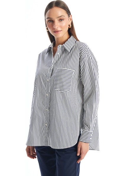 Yeni Sezon Çizgili Oversize Poplin Kadın Gömlek
