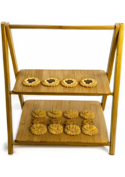 2 Katlı Bambu Sunumluk – Sofra ve Mutfak Için Ahşap Şık ve Fonksiyonel Sunum, Kaymaz Ayaklı, Dikdörtgen Şekilli, Kurabiye, Meyve, Peynir