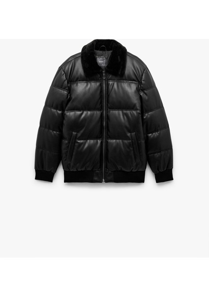 Cep Detaylı Peluş Yaka Fermuarlı Kışlık Şişme Mont