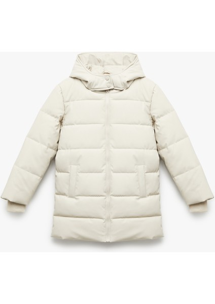 Uzun Kollu Fermuarlı Cepli Içi Suni Kürklü Kapşonlu Uzun Şişme Mont