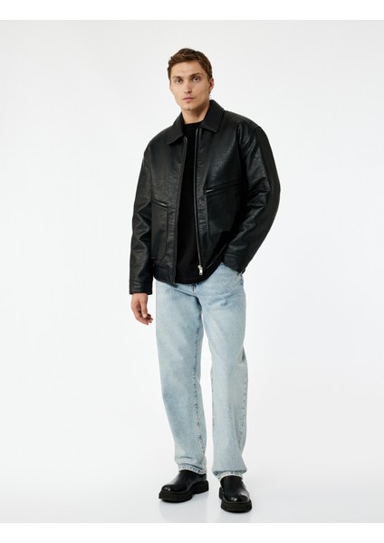 Slim Fit Uzun Kollu Fermuarlı Gömlek Yaka Suni Deri Ceket