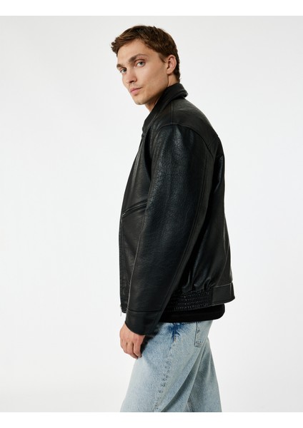 Slim Fit Uzun Kollu Fermuarlı Gömlek Yaka Suni Deri Ceket modelleri