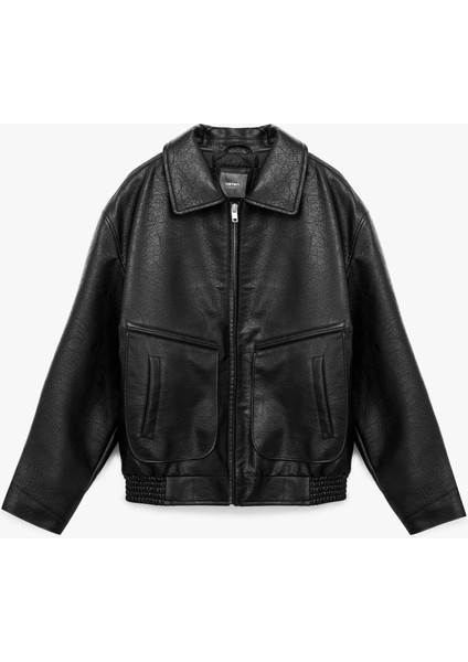 Slim Fit Uzun Kollu Fermuarlı Gömlek Yaka Suni Deri Ceket fırsatları