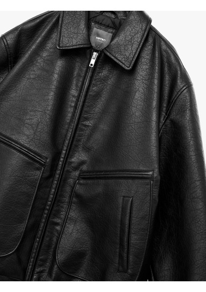 Slim Fit Uzun Kollu Fermuarlı Gömlek Yaka Suni Deri Ceket