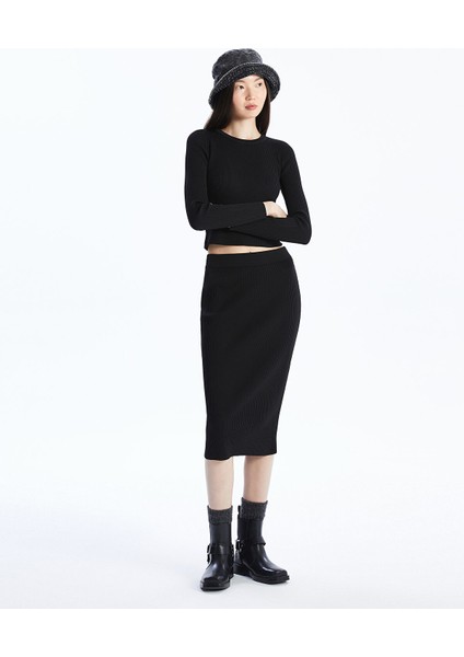 Yeni Sezon Kadın Beli Lastikli Düz Triko Etek