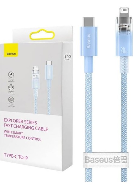 Explorer Serisi Hızlı Şarj Kablosu Akıllı Kontrolü Type-C To Ip 20W, 1m, Mavi
