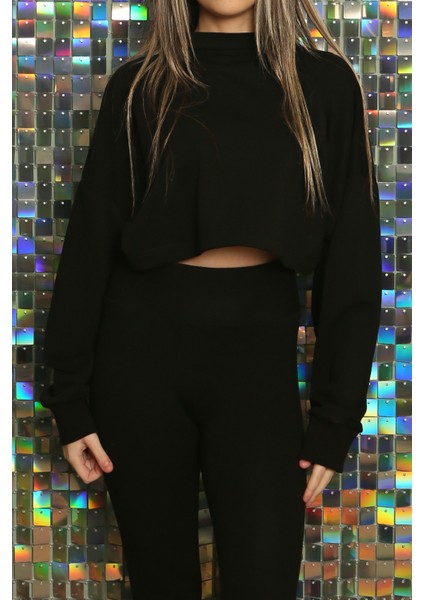 Kadın Baskılı Kuş Gözü Detaylı Kalın Şık Modern Crop Sweatshirt