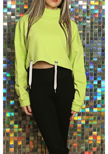 Kadın Baskılı Kuş Gözü Detaylı Kalın Şık Modern Crop Sweatshirt