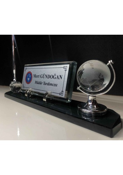 Cam Masa Seti 28x6 cm Füme Renk İsimlik ve Kalem Hediye Seti