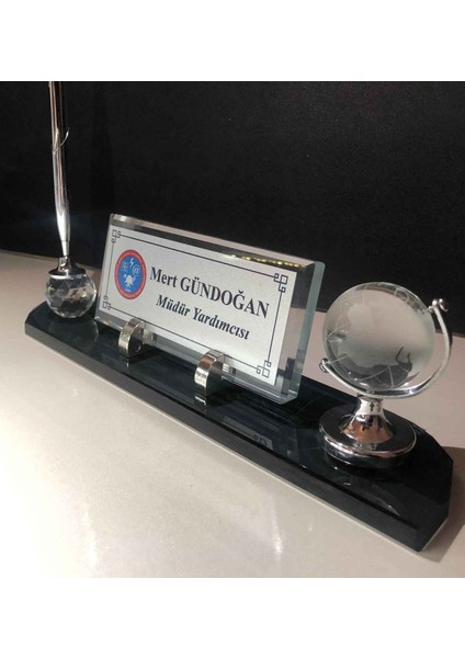 Cam Masa Seti 28x6 cm Füme Renk İsimlik ve Kalem Hediye Seti modelleri