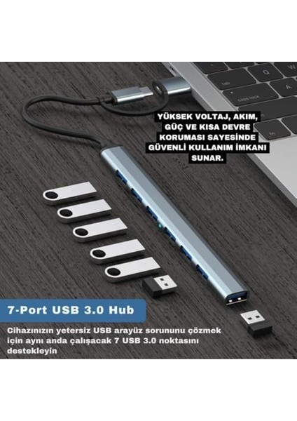 7in1 USB ve Type-C Girişli USB Çoğaltıcı 7in1 USB 3.0 Çoğaltıcı Type-C To USB Çevirici Akım Korumalı fiyatları