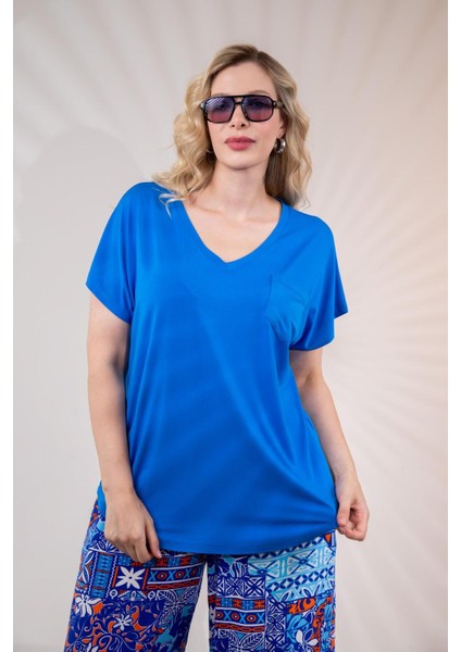 Kadın Büyük Beden Beria V Yaka Bluz Mavi