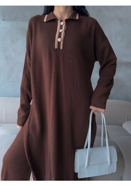 Pantolon Yırtmaçlı Elbise Ikili Triko Takım Kahve Elf fiyatları